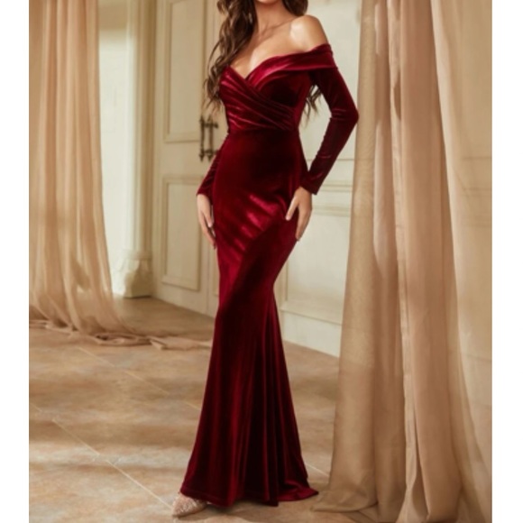 Luxe off shoulder party bridesmaids wedding velvet maxi dress - Picture 8 of 8